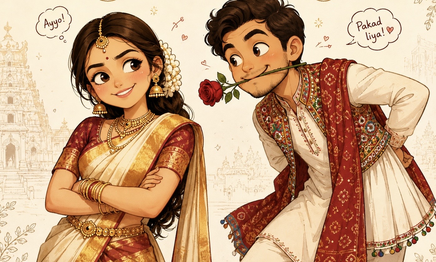 Dhanvin and Sneha illustrated in traditional wedding outfits, with Dhanvin holding a red rose.
